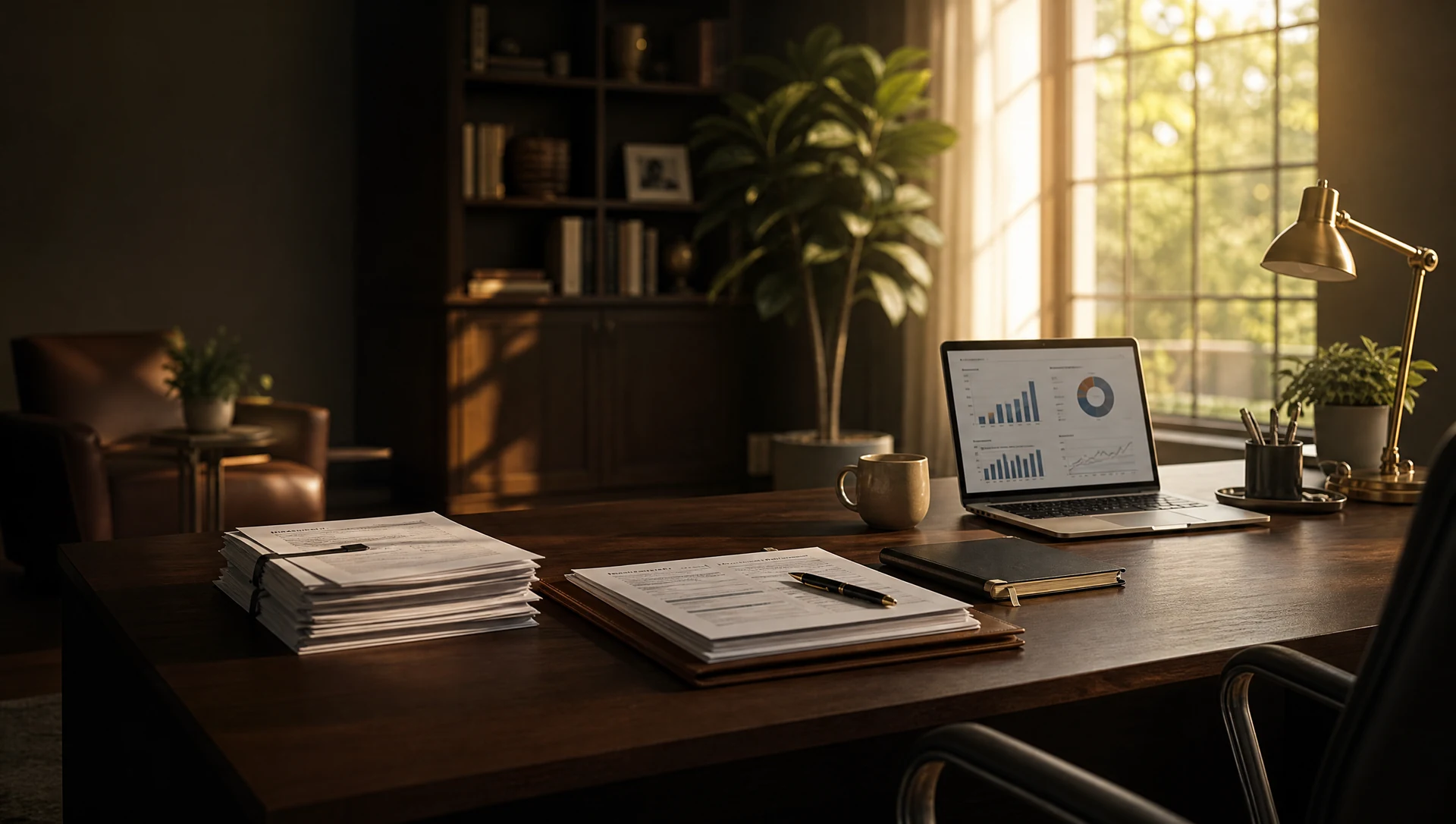 Modern accounting office with professionals reviewing financial documents