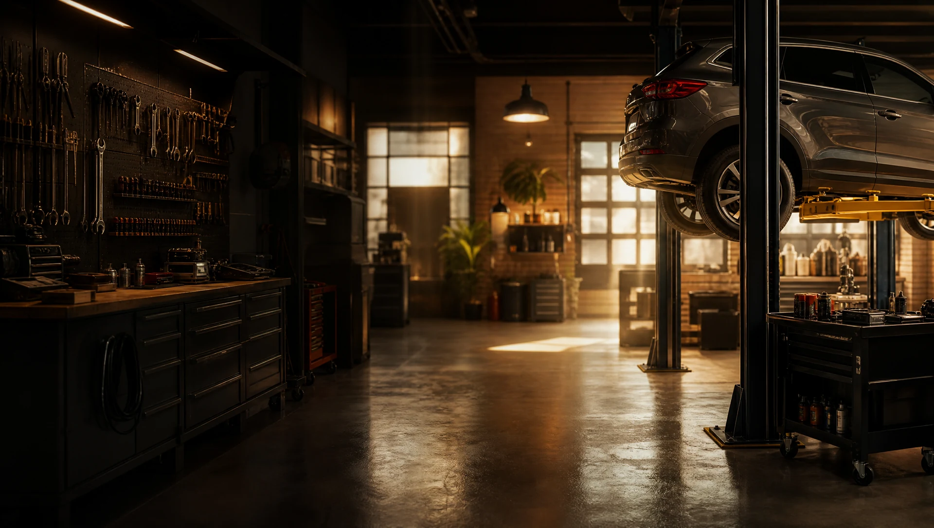 Professional auto repair shop with mechanic working on a vehicle