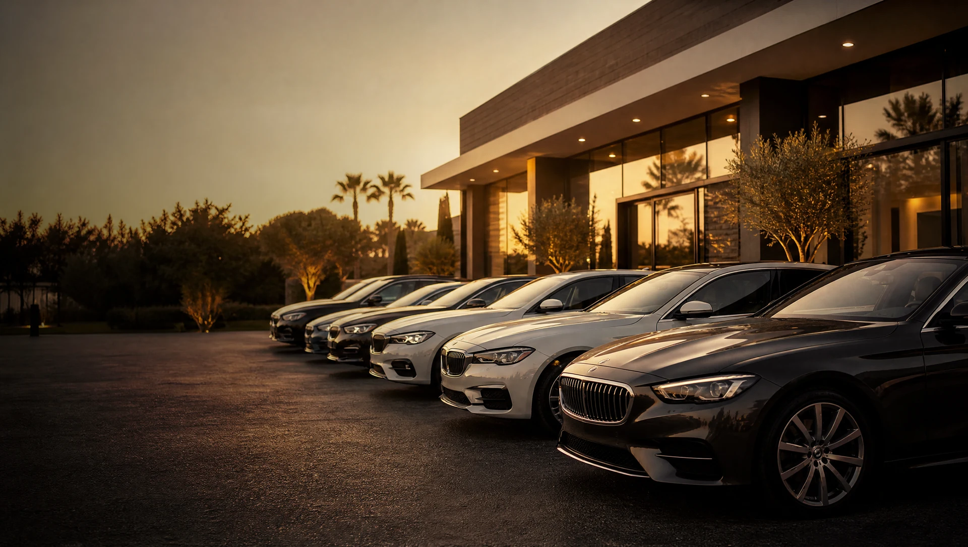 Premium car rental fleet at a modern rental facility