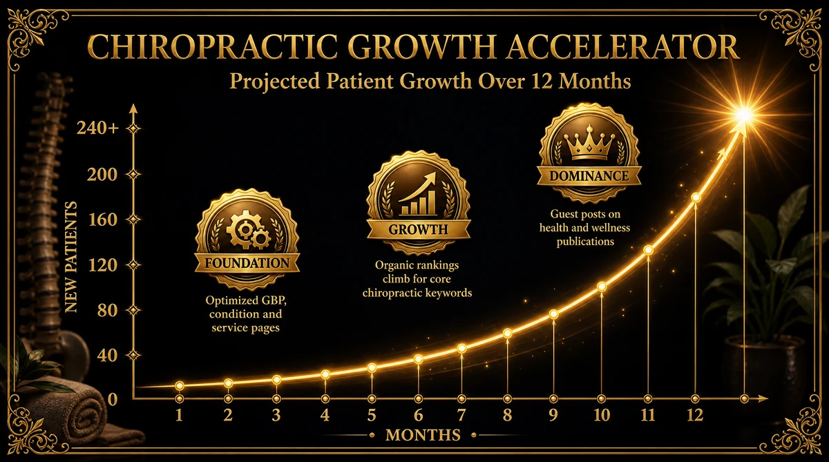 Chiropractic practice growth chart showing new patient acquisition over 12 months of digital marketing