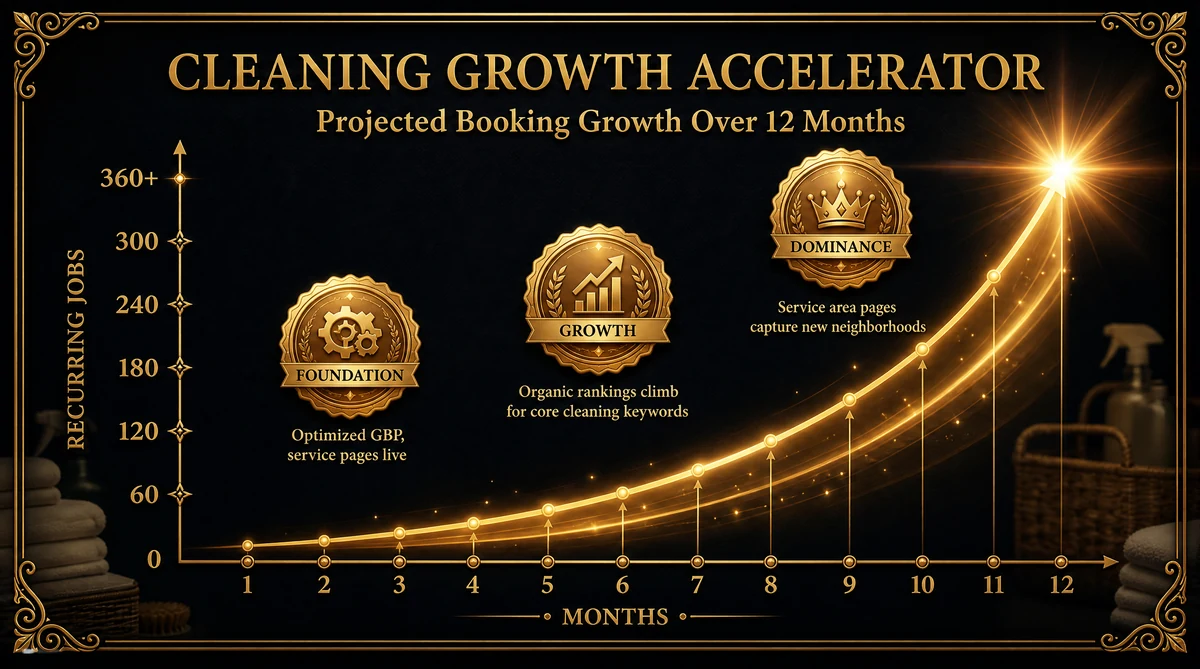 Cleaning service growth chart showing booking and recurring client growth over 12 months