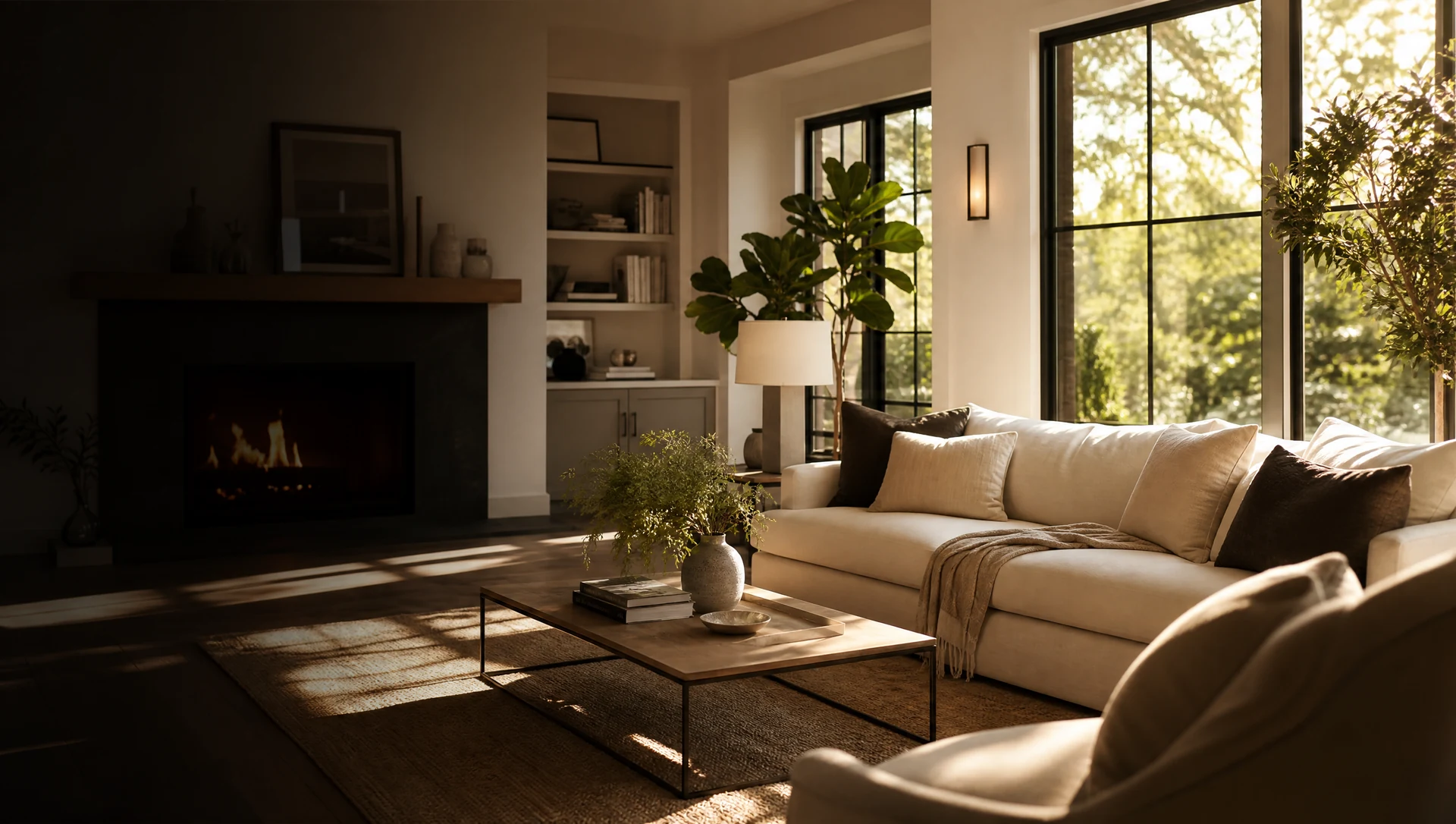 Professional cleaning team working in a modern luxury home with natural sunlight