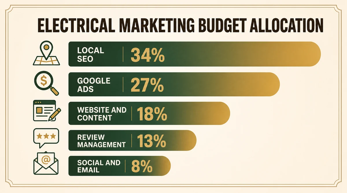 Electrician Google Ads budget allocation breakdown by campaign type