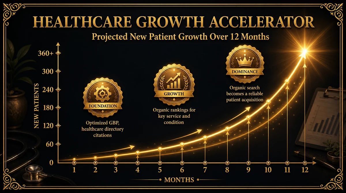 Healthcare practice growth chart showing new patient acquisition over 12 months of digital marketing