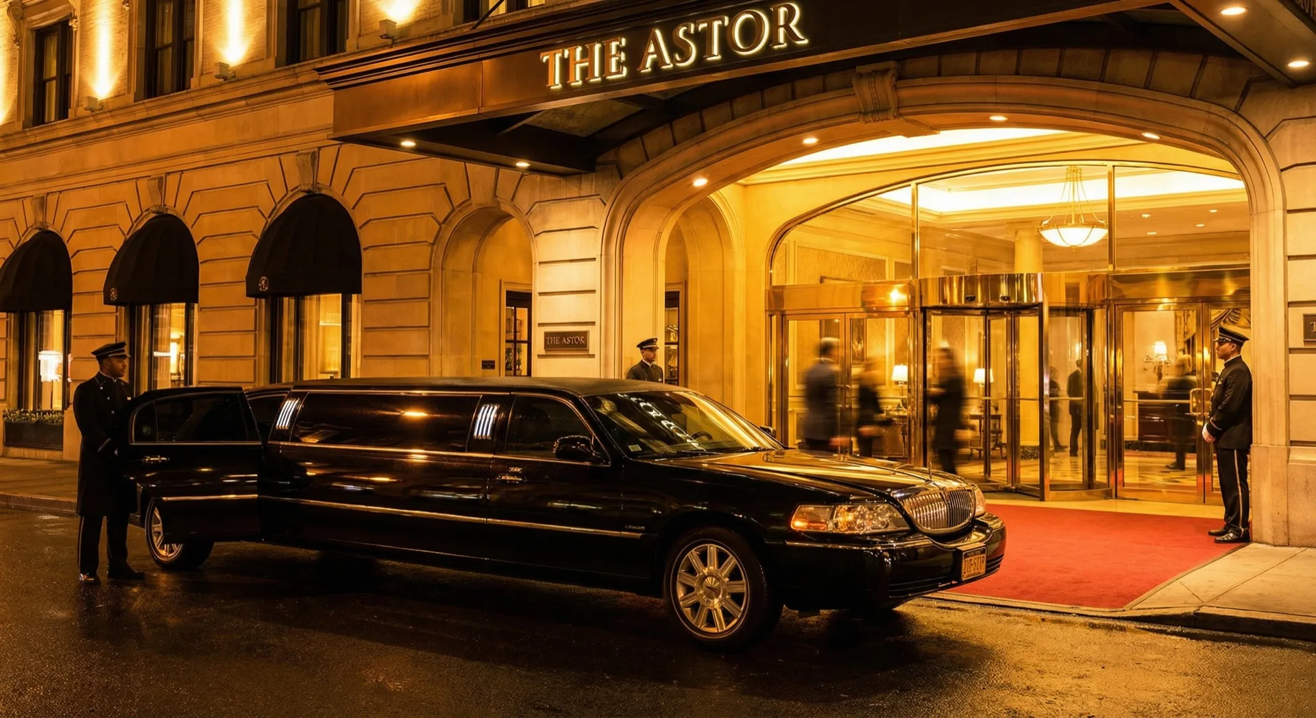 Black stretch limousine at a luxury hotel entrance