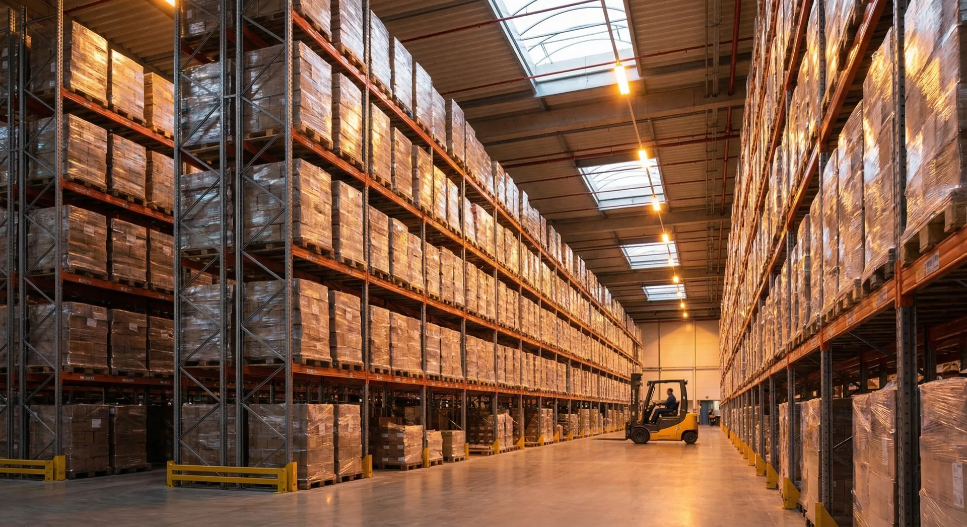 Modern warehouse interior with organized racking and forklift