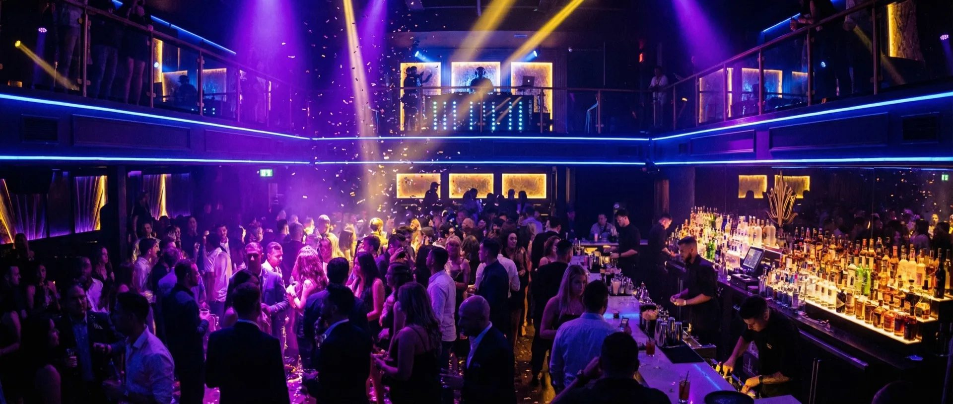 Upscale nightclub interior with atmospheric lighting