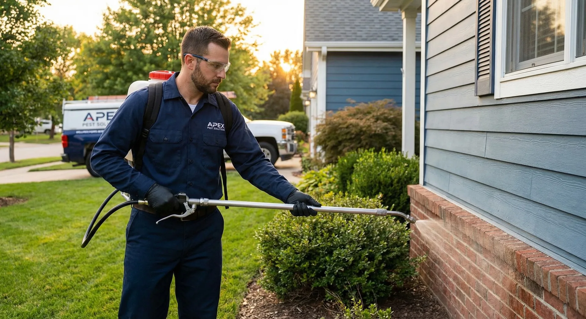 Pest control technician treating the exterior of a home