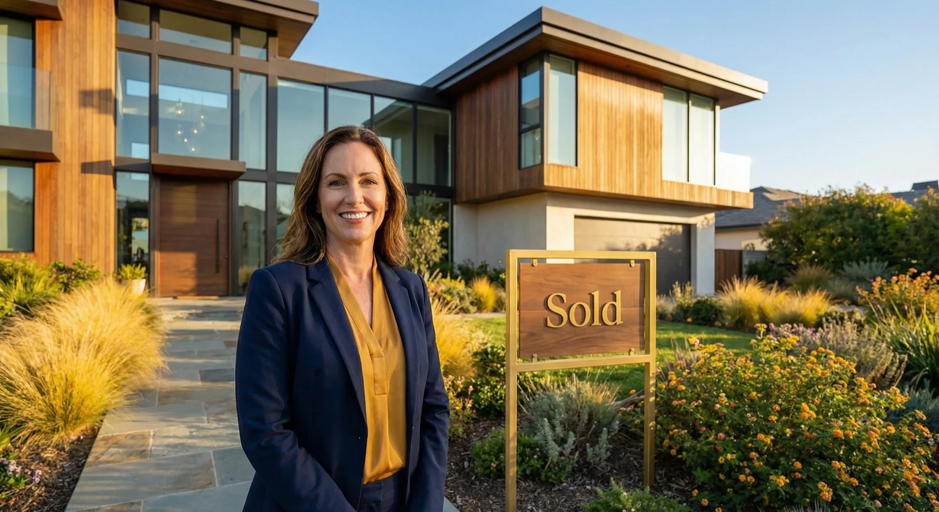 Real estate agent in front of a sold home