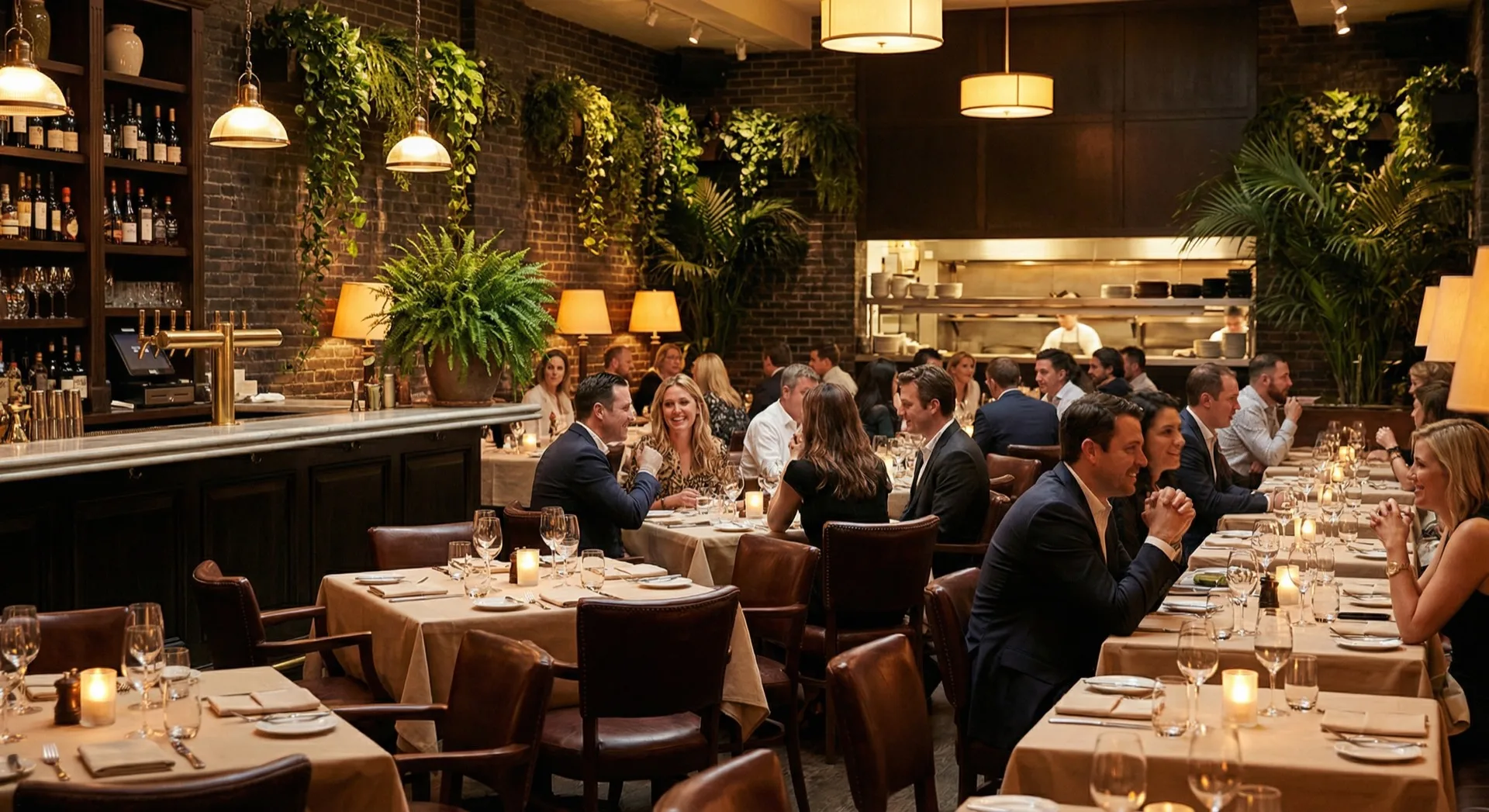 Beautifully lit upscale restaurant interior with happy diners