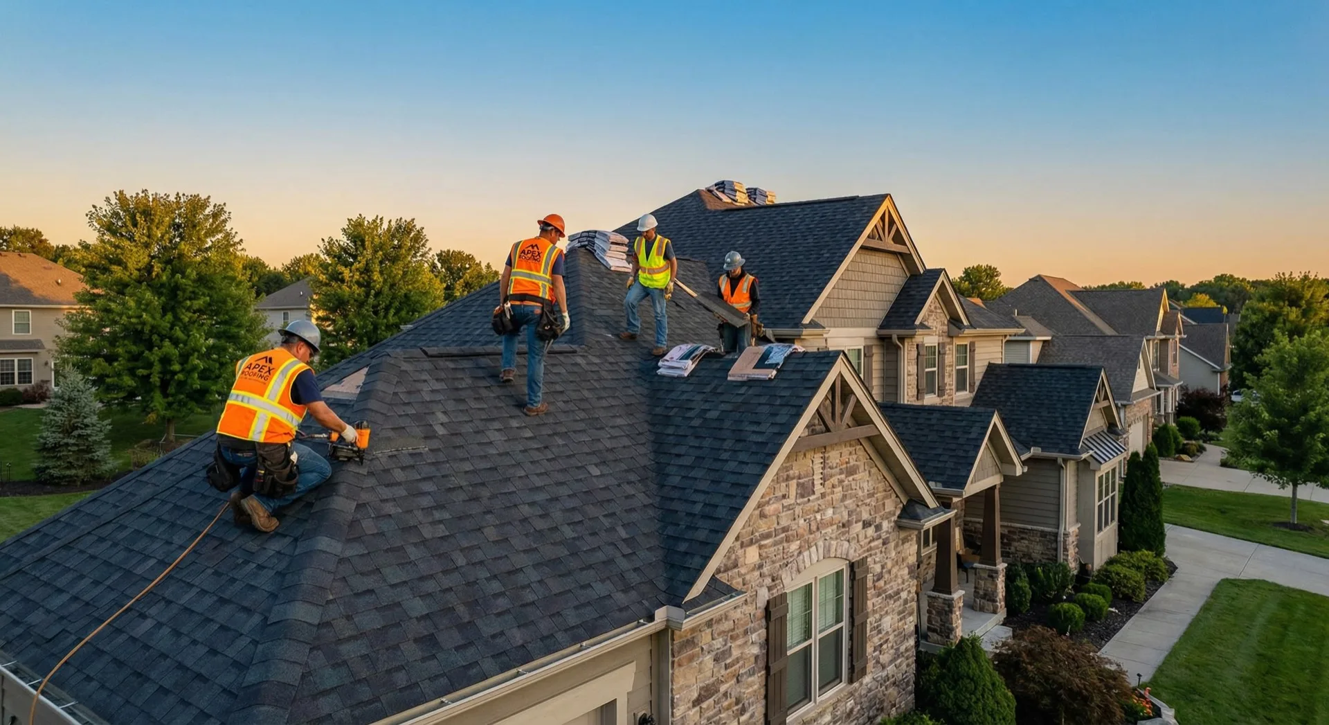 Roofing crew installing new shingles on a suburban home