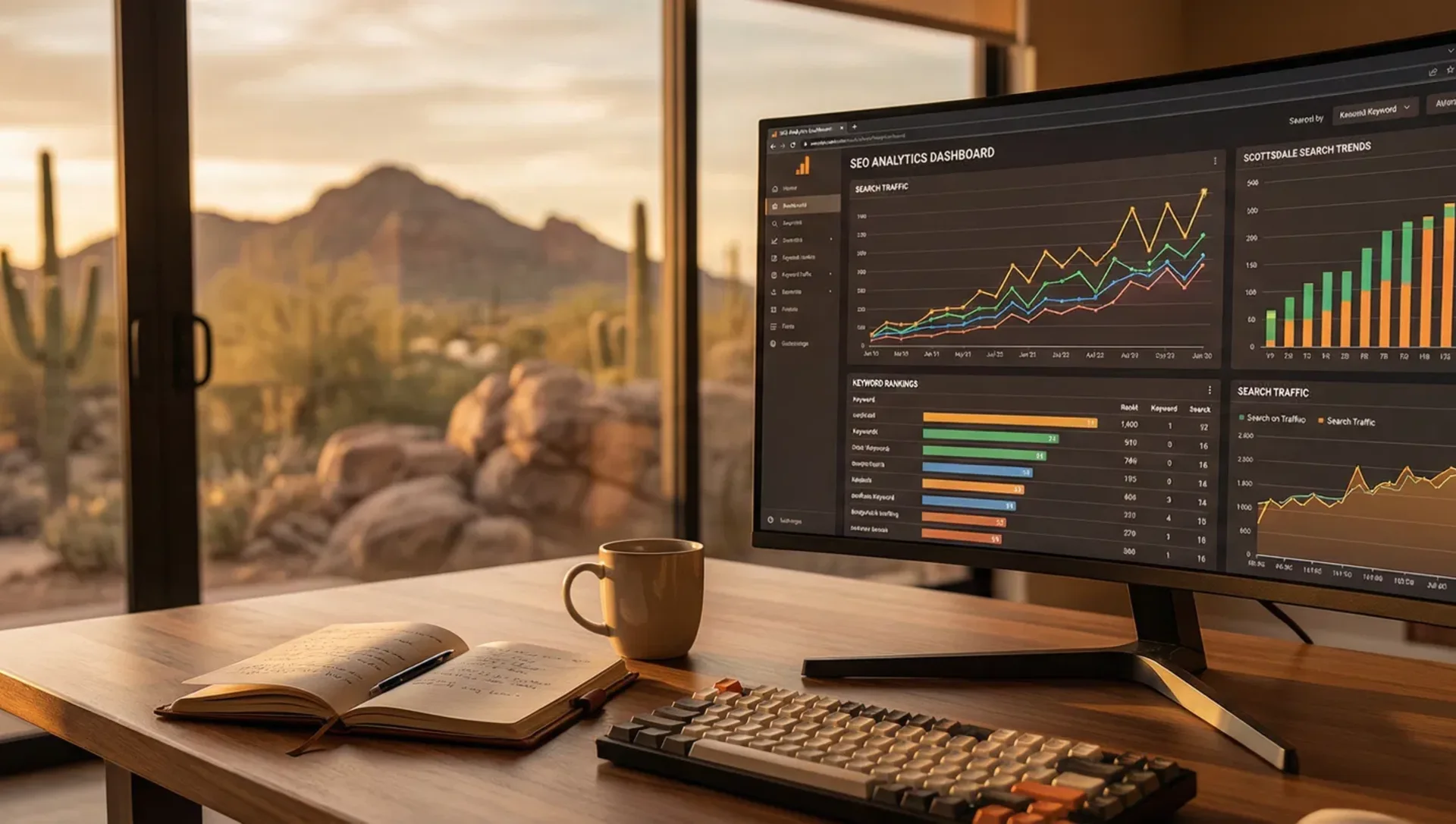 SEO analytics dashboard with Scottsdale desert view