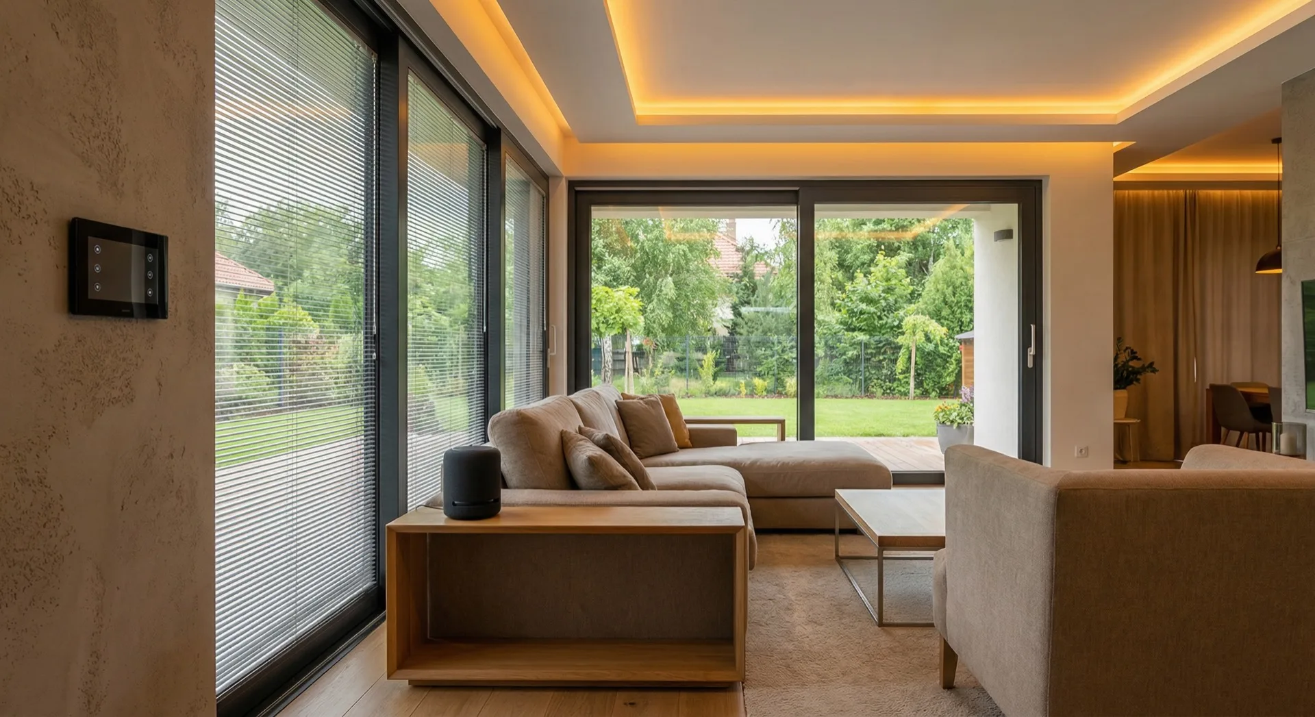 Modern smart home living room with automated lighting and controls